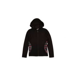 Bluza damska ze wstawkami, z kapturem, rozpinana gładka cienka. Czarne bluzy sportowe damskie marki TXM, w kolorowe wzory, z kapturem. Za 24,99 zł.