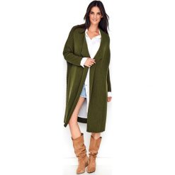 Długi kardigan bez zapięcia khaki. Brązowe swetry damskie e-margeritka.pl, na jesień, s, bez wzorów, ze splotem, eleganckie, z długim rękawem, długie, bez kaptura. Za 178,99 zł.