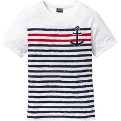 T-shirt Slim Fit bonprix biały z nadrukiem. Białe koszulki męskie marki bonprix, s, w paski, bez kołnierzyka. Za 44,99 zł.