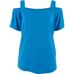 Shirt z dekoltem "carmen" bonprix lodowy niebieski. Niebieskie koszulki damskie bonprix, bez wzorów, bez kołnierzyka, bez rękawów. Za 44,99 zł.