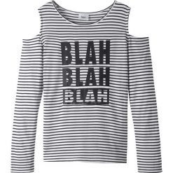 Shirt z wycięciami na ramionach bonprix biało-czarny w paski. Czarne bluzki dziewczęce bonprix, w paski, bez kołnierzyka, z długim rękawem, długie, bez kaptura. Za 34,99 zł.