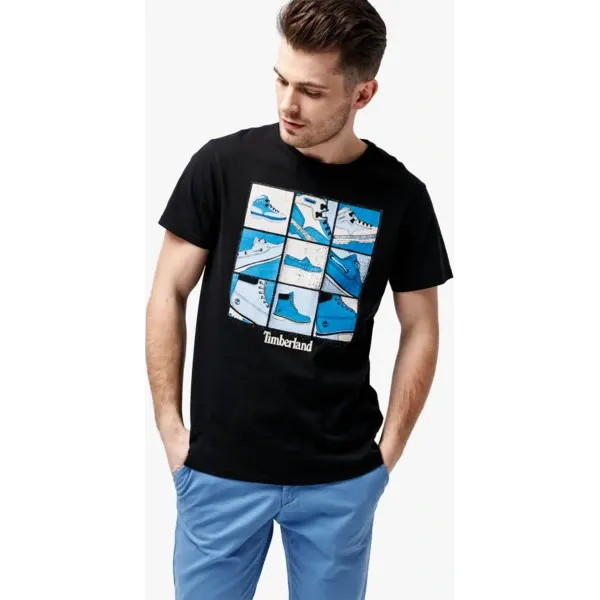 Timberland Koszulka Ss Shoe Graphic Tee , czarny, rozmiar L. Czarne koszulki męskie Timberland, m, z nadrukiem, z bawełny, klasyczne, z klasycznym kołnierzykiem, bez rękawów. W wyprzedaży za 89,99 zł.