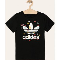 Adidas Originals - T-shirt dziecięcy 128-170 cm. Czarne bluzki dziewczęce adidas Originals, z nadrukiem, z bawełny, z okrągłym kołnierzem, z krótkim rękawem, krótkie, bez kaptura. Za 89,90 zł.
