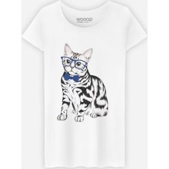 Koszulka "Hipster Cat" w kolorze białym. Białe koszulki damskie Wooop, l, bez wzorów, z bawełny, z okrągłym kołnierzem. W wyprzedaży za 56,95 zł.
