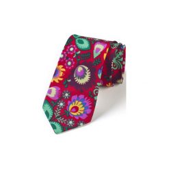 Krawat męski FOLK w kwiaty łowickie czerwony. Czerwone krawaty męskie HisOutfit, w kwiaty, z materiału. Za 159,00 zł.