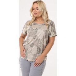 Jasnobeżowa Bluzka Be Know. Szare bluzki damskie Born2be, xl, bez wzorów, z dzianiny, z okrągłym kołnierzem, z krótkim rękawem. Za 39,99 zł.