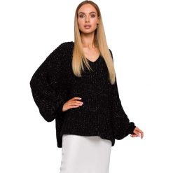 Czarny Sweter Oversize z Dekoltem w Serek z Połyskującej Przędzy. Czarne swetry damskie Molly.pl, na lato, s, bez wzorów, bez rękawów, bez kaptura. Za 159,90 zł.