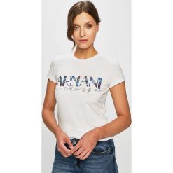 Armani Exchange - Top. Białe bluzki damskie marki Armani Exchange, s, z nadrukiem, z elastanu, z okrągłym kołnierzem. Za 249,90 zł.