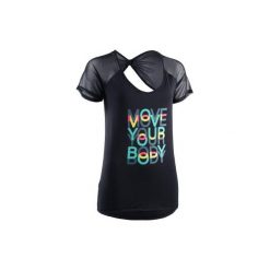 Koszulka do tańca fitness damska. Czarne t-shirty damskie DOMYOS, z elastanu, na fitness i siłownię. Za 64,99 zł.