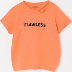 Bawełniany t-shirt z aplikacją - Pomarańczowy. Pomarańczowe t-shirty damskie Reserved, z aplikacjami, z bawełny, bez kołnierzyka. W wyprzedaży za 15,99 zł.