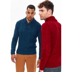 Sweter męski z szalowym kołnierzem i przeplotami. Niebieskie swetry męskie na zimę, xl, z dzianiny, eleganckie. W wyprzedaży za 59,99 zł.