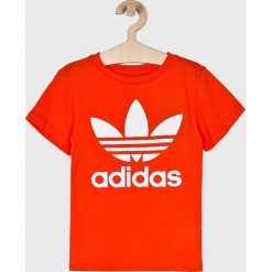 Adidas Originals - Top dziecięcy 128-164 cm. Pomarańczowe bluzki dziewczęce adidas Originals, z nadrukiem, z bawełny, z okrągłym kołnierzem, z krótkim rękawem, krótkie, bez kaptura. W wyprzedaży za 79,90 zł.