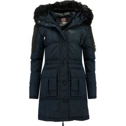 Płaszcz zimowy w kolorze granatowym. Niebieskie kurtki damskie na zimę, m, z aplikacjami. W wyprzedaży za 395,95 zł.