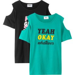 T-shirt z wycięciami na ramionach (2 szt.) bonprix czarny + szmaragdowy. Czarne bluzki dziewczęce bonprix, z nadrukiem, bez kołnierzyka, bez rękawów, bez kaptura. Za 27,98 zł.