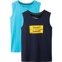 Koszulka bez rękawów (2 szt.) bonprix ciemnoniebiesko-turkusowy z nadrukiem. Niebieskie t-shirty chłopięce bonprix, z nadrukiem, bez rękawów. Za 35,98 zł.