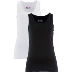 Top ze stretchem (2 szt. w opak.) bonprix czarny + biały. Białe topy damskie bonprix, z materiału, z okrągłym kołnierzem. Za 39,98 zł.