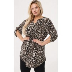 Beżowa Tunika Transact. Brązowe tuniki damskie Born2be, xl, w paski, bez kołnierzyka, z długim rękawem. Za 59,99 zł.