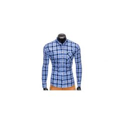 KOSZULA MĘSKA W KRATĘ Z DŁUGIM RĘKAWEM K393 - BŁĘKITNA. Niebieskie koszule męskie Ombre Clothing, s, bez wzorów, eleganckie, bez kołnierzyka, z długim rękawem. Za 49,00 zł.