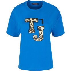 T-shirt Trussardi Jeans. Niebieskie koszulki damskie Trussardi Jeans, na co dzień, bez wzorów, z jeansu, z włoskim kołnierzykiem, bez rękawów. Za 99,00 zł.