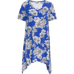 Tunika shirtowa z nadrukiem bonprix niebiesko-biały z nadrukiem. Niebieskie tuniki damskie bonprix, z nadrukiem, z dżerseju, z dekoltem w serek, bez rękawów. Za 49,99 zł.