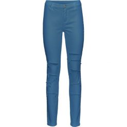 Spodnie SKINNY z wysoką talią i z przetarciami bonprix niebieski dżins. Niebieskie spodnie damskie bonprix, bez wzorów. Za 109,99 zł.