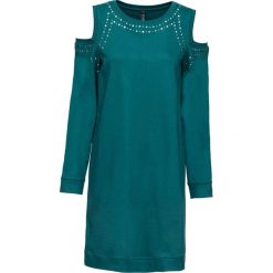 Sukienka cold-shoulder z ćwiekami bonprix niebieskozielony. Niebieskie sukienki damskie bonprix, bez wzorów, bez kołnierzyka, bez rękawów. Za 42,99 zł.