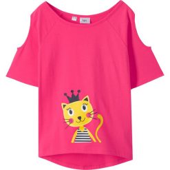 Shirt z wycięciami na ramionach bonprix ciemnoróżowy. Różowe bluzki dziewczęce bonprix, z nadrukiem, bez kołnierzyka, bez rękawów, bez kaptura. Za 29,99 zł.