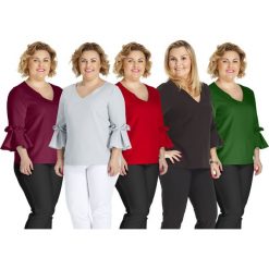 Elegancka bluzka rękaw falbanka oversize PLUS SIZE. Czerwone bluzki damskie Moda Size Plus Iwanek, do pracy, na zimę, l, bez wzorów, z elastanu, eleganckie, z falbankami, plus size, bez rękawów. Za 109,00 zł.