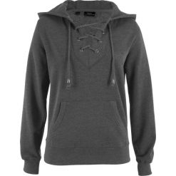 Bluza z kapturem i sznurowaniem bonprix antracytowy melanż. Szare bluzy rozpinane damskie bonprix, melanż, z kapturem. Za 74,99 zł.