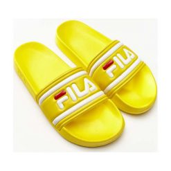 Żółte Damskie Klapki Fila MORRO BAY SLIPPER WMN 60K. Pomarańczowe klapki damskie Molly.pl, w paski, z materiału, bez obcasa. Za 89,00 zł.