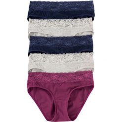 Figi z koronką (5 par) bonprix jasnoszary melanż + ciemnoniebieski + turkusowy. Szare majtki damskie bonprix, w paski, z koronki. Za 49,95 zł.
