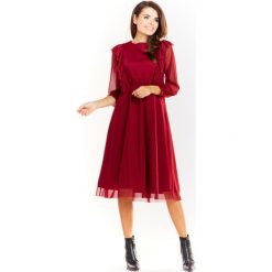 Sukienka tiulowa elegancka bordowa - m. Czerwone sukienki damskie e-margeritka.pl, xl, bez wzorów, z poliesteru, eleganckie, z falbankami, bez rękawów, midi, dopasowane. Za 149,99 zł.