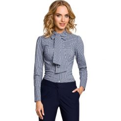 Koszula w Granatową Kratkę z Wiązaną Kokardą. Niebieskie koszule damskie Molly.pl, s, w kratkę, eleganckie, ze stójką, z długim rękawem. Za 99,90 zł.