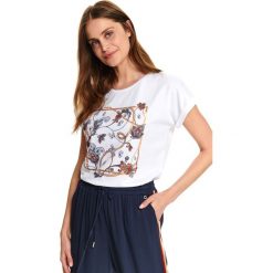 T-shirt damski z nadrukiem. Białe t-shirty damskie z nadrukiem, z bawełny, eleganckie. W wyprzedaży za 24,99 zł.