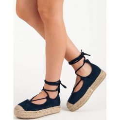 GRANATOWE WIĄZANE ESPADRYLE. Niebieskie baleriny damskie Corina, bez wzorów, bez obcasa. Za 79,90 zł.
