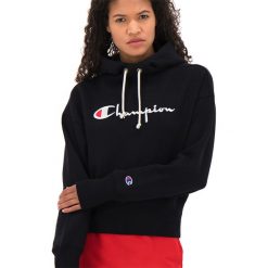 CHAMPION SCRIPT LOGO HIGH RIB REVERSE WEAVE HOODIE > 112552-KK001. Bluzy damskie Champion, l, bez wzorów, z bawełny, bez rękawów, długie, z kapturem. Za 419,99 zł.