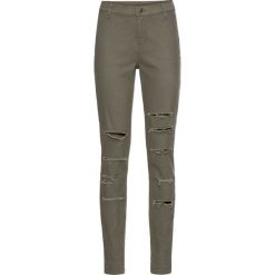 Spodnie SKINNY z wysoką talią i z przetarciami bonprix szaro-zielony. Zielone rurki damskie bonprix. Za 44,99 zł.