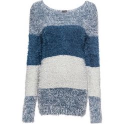 Sweter z przędzy z długim włosem w paski bonprix indygo-jasnoszary w paski. Niebieskie swetry damskie bonprix, w paski, z dzianiny, z długim rękawem, długie, bez kaptura. Za 89,99 zł.