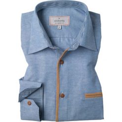Casualowa Męska Koszula VICTORIO, SLIM-FIT, Długi Rękaw, Jasnoniebieska z Beżową Lamówką KSDWVCTO105. Niebieskie koszule męskie Victorio, m, bez wzorów, z bawełny, eleganckie, bez kołnierzyka, z długim rękawem. Za 119,00 zł.