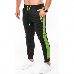 SPODNIE MĘSKIE DRESOWE P730 - CZARNE/ZIELONE. Czarne spodnie dresowe męskie Ombre Clothing, z bawełny. Za 59,00 zł.