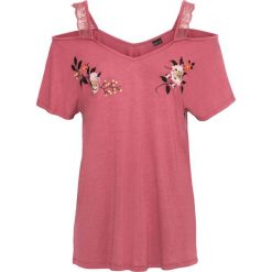 Shirt z koronką i haftem bonprix jasny jeżynowy. Fioletowe koszulki damskie bonprix, w koronkowe wzory, z koronki, bez kołnierzyka, z krótkim rękawem. Za 79,99 zł.