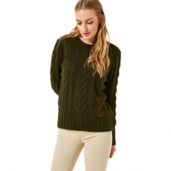 Sweter w kolorze khaki. Brązowe swetry klasyczne damskie marki Jimmy Sanders, l, ze splotem, z okrągłym kołnierzem. W wyprzedaży za 99,95 zł.