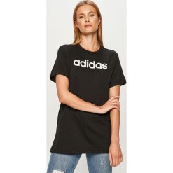 Adidas - T-shirt. Czarne topy damskie Adidas, s, z nadrukiem, z bawełny, casualowe, z okrągłym kołnierzem. Za 79,90 zł.