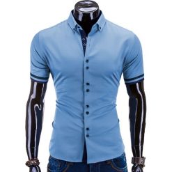 KOSZULA MĘSKA Z KRÓTKIM RĘKAWEM K260 - NIEBIESKA. Niebieskie koszule męskie marki Ombre Clothing, s, z bawełny, z kontrastowym kołnierzykiem, z krótkim rękawem. Za 49,00 zł.