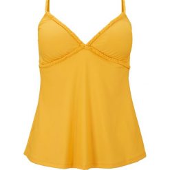 Top plażowy tankini bonprix żółto-pomarańczowy. Żółte stroje kąpielowe damskie bonprix, bez wzorów, z dekoltem w serek. Za 42,99 zł.