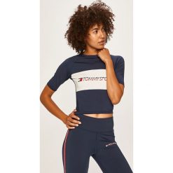 Tommy Sport - T-shirt. Niebieskie topy damskie Tommy Sport, s, z nadrukiem, z elastanu, z okrągłym kołnierzem. W wyprzedaży za 149,90 zł.