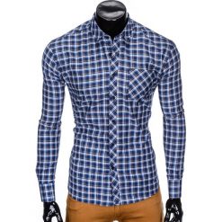 KOSZULA MĘSKA W KRATĘ Z DŁUGIM RĘKAWEM K420 - GRANATOWA/BRĄZOWA. Pomarańczowe koszule męskie Ombre Clothing, s, bez wzorów, z bawełny, bez kołnierzyka, z długim rękawem. Za 49,00 zł.