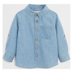 Mango Kids - Koszula dziecięca Daniel 80-104 cm. Niebieskie koszule chłopięce Mango Kids, bez wzorów, z bawełny, klasyczne, z klasycznym kołnierzykiem, z długim rękawem, długie. Za 69,90 zł.