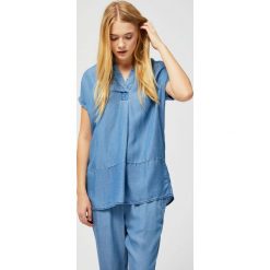 Koszula oversize z kołnierzykiem. Niebieskie koszule damskie Moodo, s, bez wzorów, z lyocellu, ze stójką, bez rękawów. Za 59,99 zł.