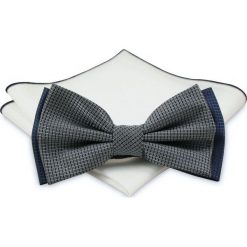 Mucha z poszetką - Chattier, Męska - Kolor Stalowy, Drobna Faktura MUCH0386. Szare muszki męskie Chattier, na imprezę, w paski, eleganckie. Za 44,00 zł.